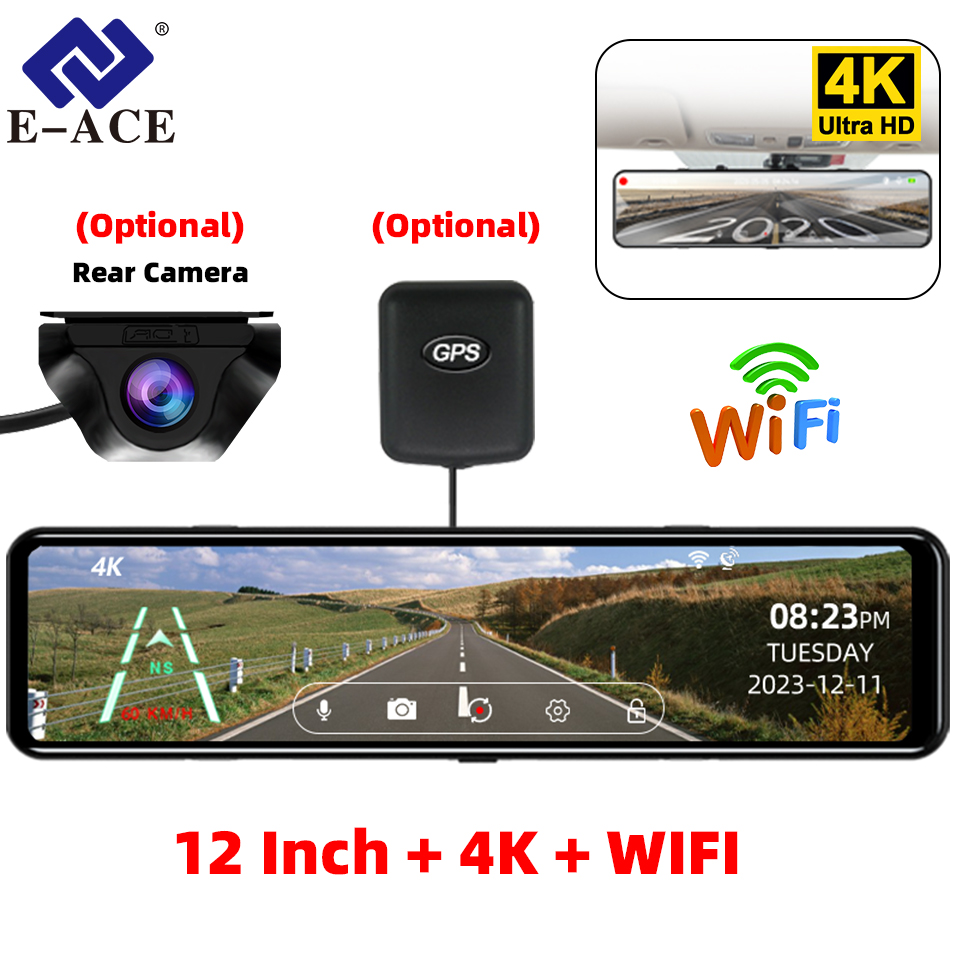 Dash Cam Rear View Mirror 12 Inch - Rejestrator samochodowy 4K z lusterkiem wstecznym,