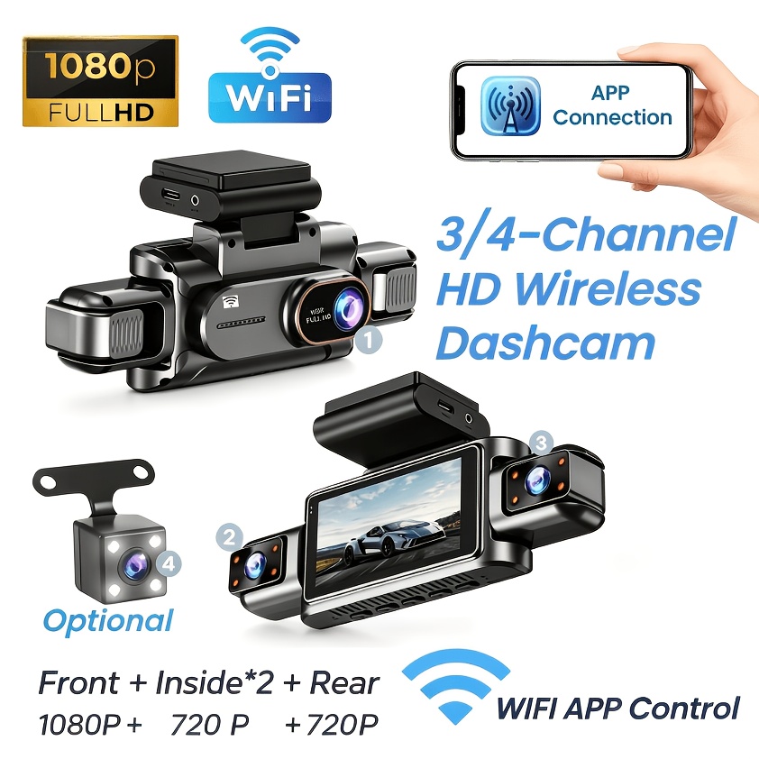 Dash Cam 3 Channel 1080P - Kamera samochodowa WiFi 3-4 kanałowa, 1080P