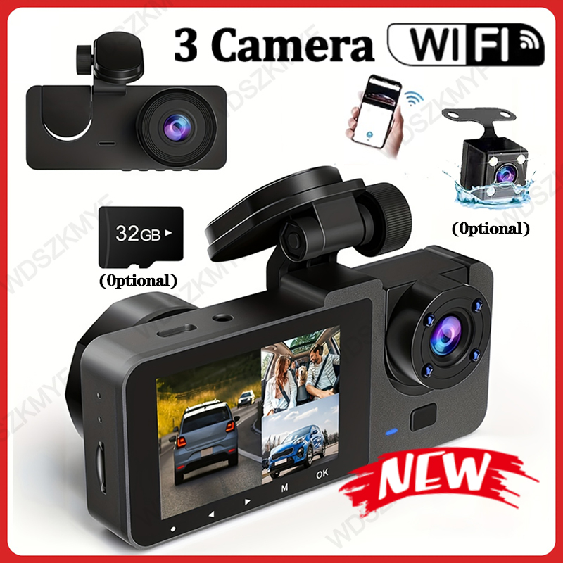 Dash Cam 3 Channel 1080P - Kamera samochodowa WiFi z potrójnym obiektywem,