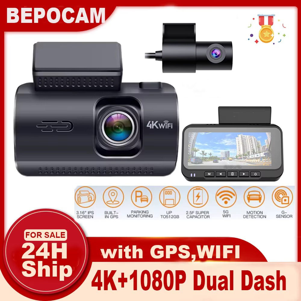 Dual Dash Cam With Gps Wifi - Kamera samochodowa 4K+1080P z podwójnym obiektywem,