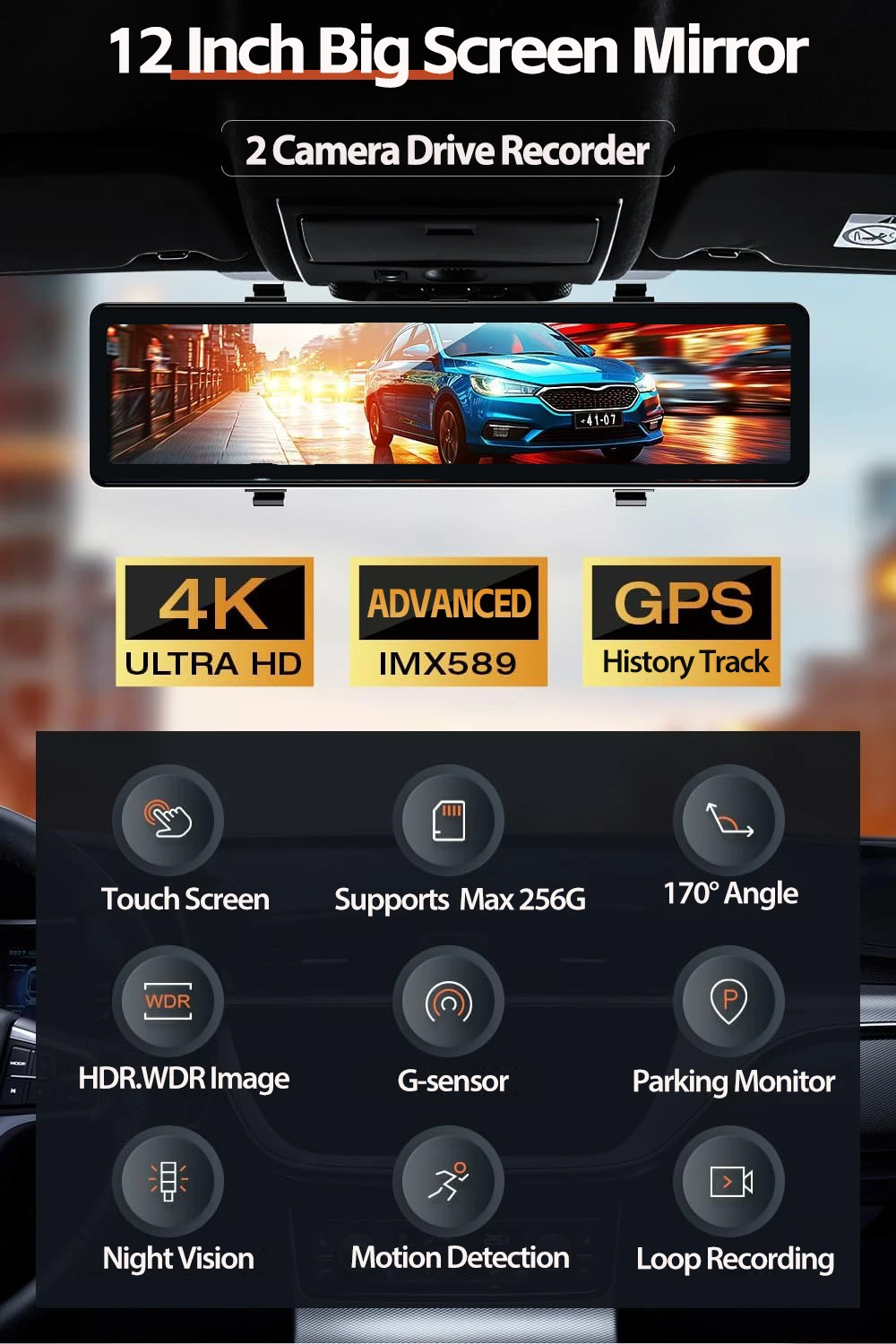 Kamera samochodowa z lusterkie – Dash Cam Rear View Mirror 12 Inch recenzja i cena